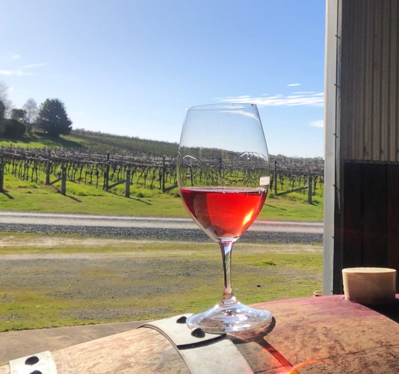Glass of subrosa rose wine on a barrel with the grampians vineyards in the background