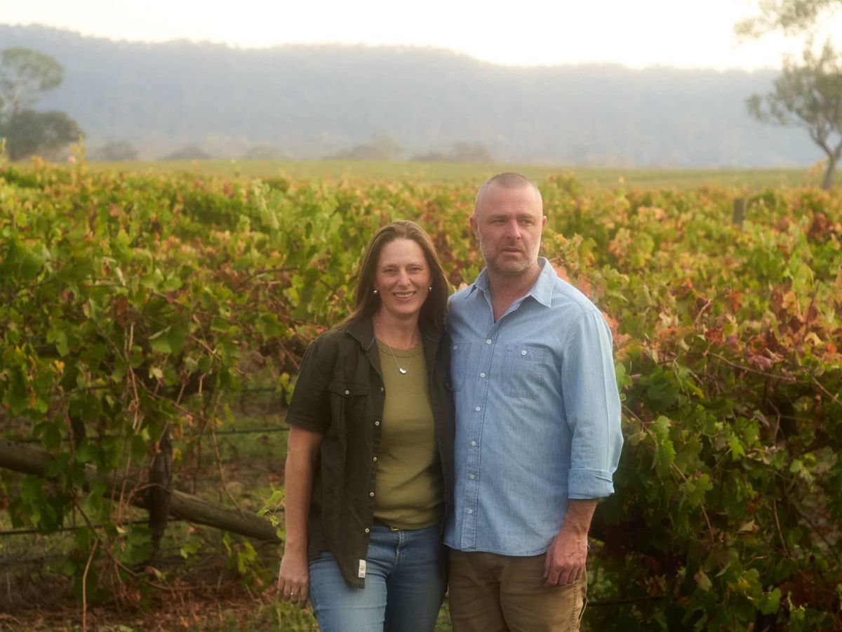 adam louder and nancy panter owners of subrosa winery in the vineyard in the grampians