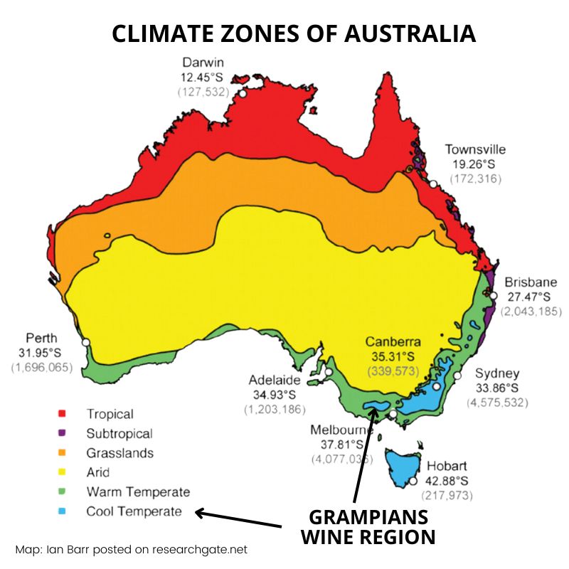 map of australia showing the cooler climate of the grampians wine region