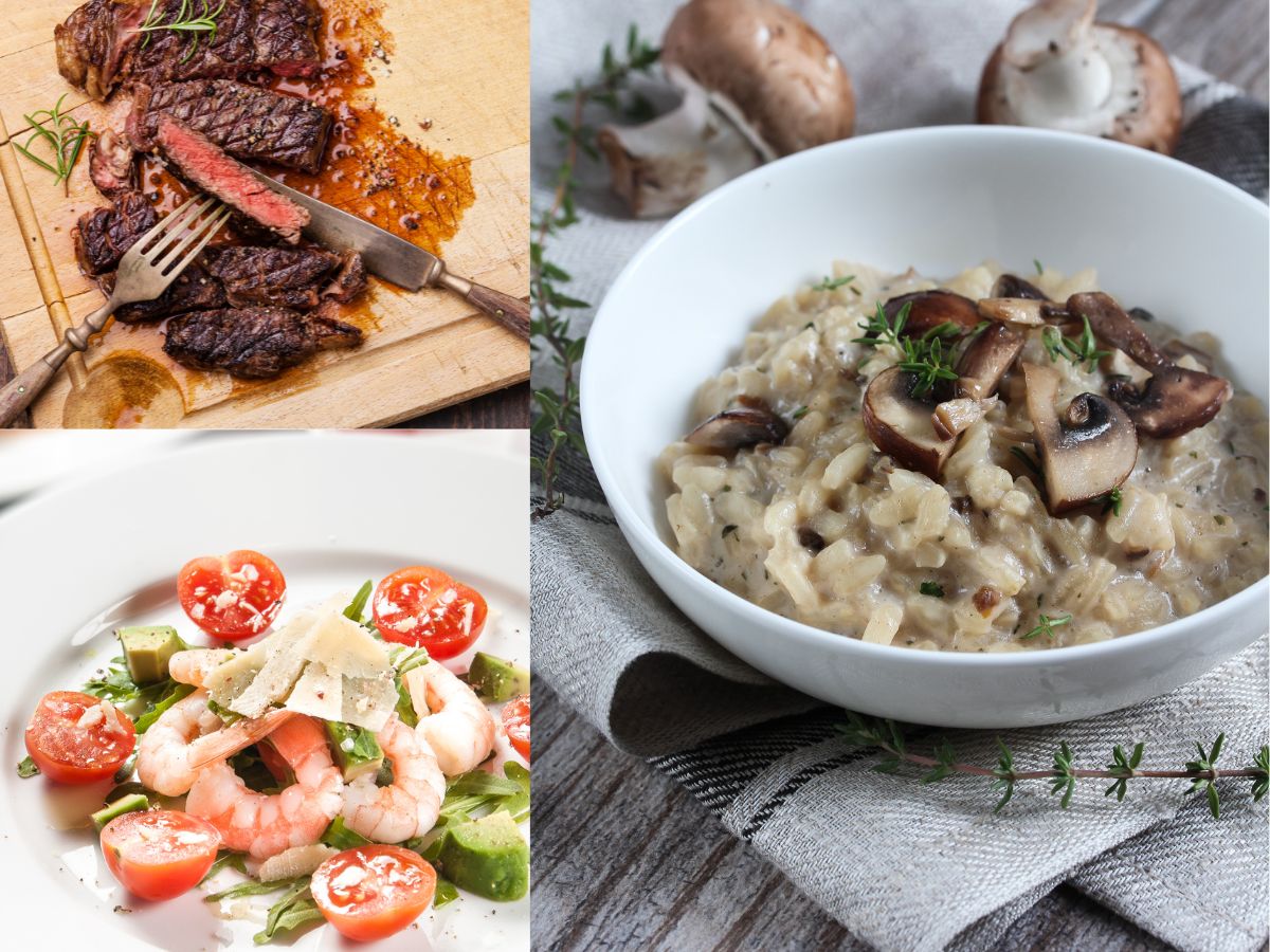 steak, prawn salad and mushroom risotto to pair with subrosa wine