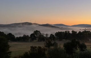 a view of the grampians ranges from the subrosa winery. fog is settled in the valley