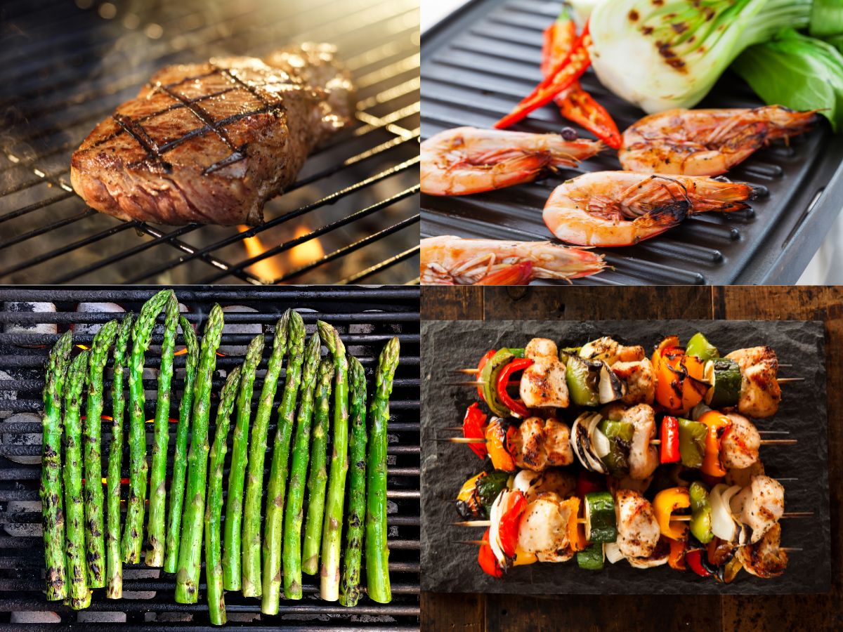 steak, prawns, chicken skewers, asparagus on a barbecue for pairing with subrosa wine